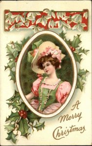 Christmas Pretty Woman Corset Dress Embossed c1910s Postcard