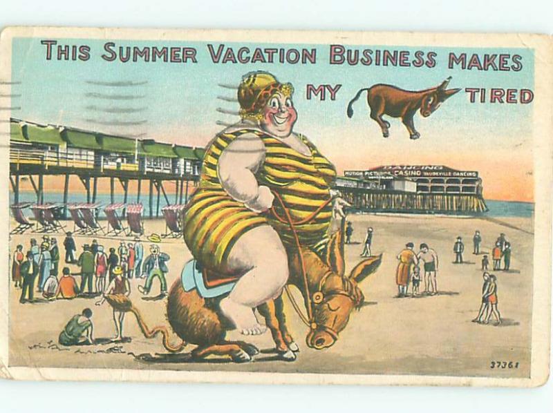 Pre-Linen Comic CHUBBY FAT WOMAN ON TIRED DONKEY AT BEACH AB9020