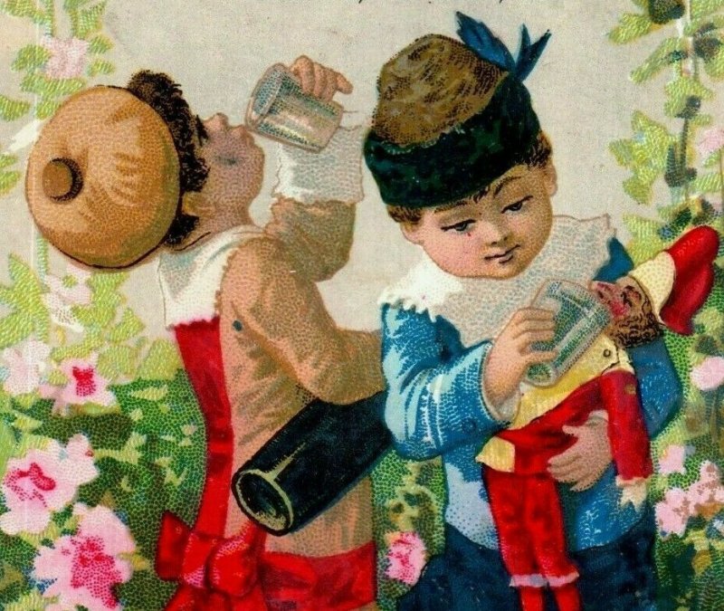 Lot Of 4 1882 William & Davis Children Drinking Wine Puppet Dress-Up Fab! P188