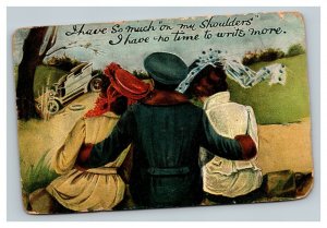 Vintage 1910 Postcard Crashed Antique Car Man Consoling Two Women on Shoulder