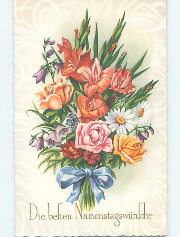 Pre-1980 foreign BEAUTIFUL ASSORTMENT OF FLOWERS WITH BLUE RIBBON HL8052