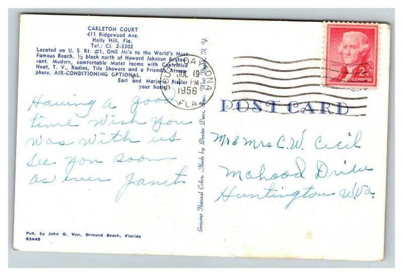 Vintage 1956 Advertising Postcard Carleton Court Motel Holly Hill Florida