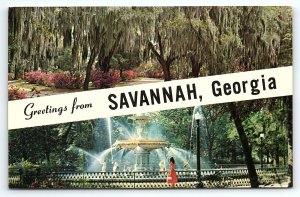 1950s SAVANNAH GA GREETINGS FROM DUAL VIEW SPANISH MOSS FOUNTAIN POSTCARD P3781