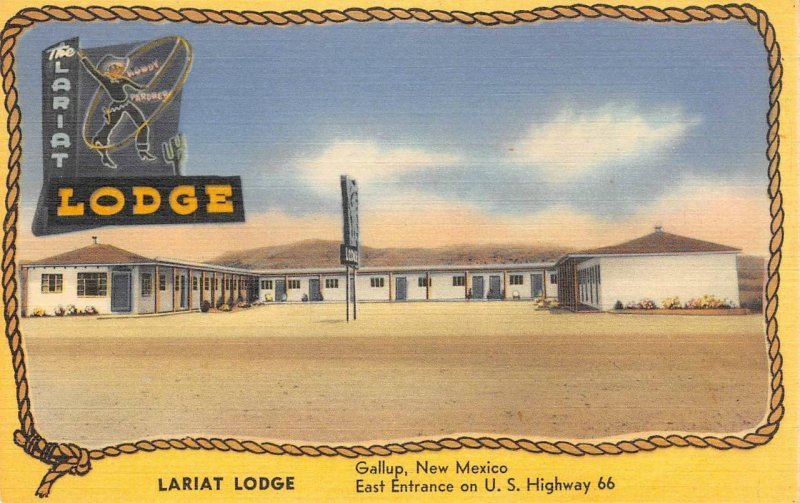 LARIAT LODGE Gallup, New Mexico Route 66 Roadside c1940s Vintage Linen Postcard