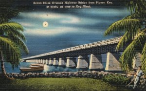 Seven Miles Oversea Highway Bridge Pigeon Key Night Florida Vintage Postcard