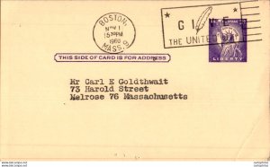 US Postal stationery 3c Statue of Liberty Boston 1960 to Melrose Mass