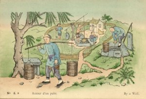 china, By a Well (1930s) Chefoo, Hand Coloured Mission Postcard (06)