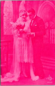 Postcard Romance Wedding Couple Bride Groom Pink Tint Photo France