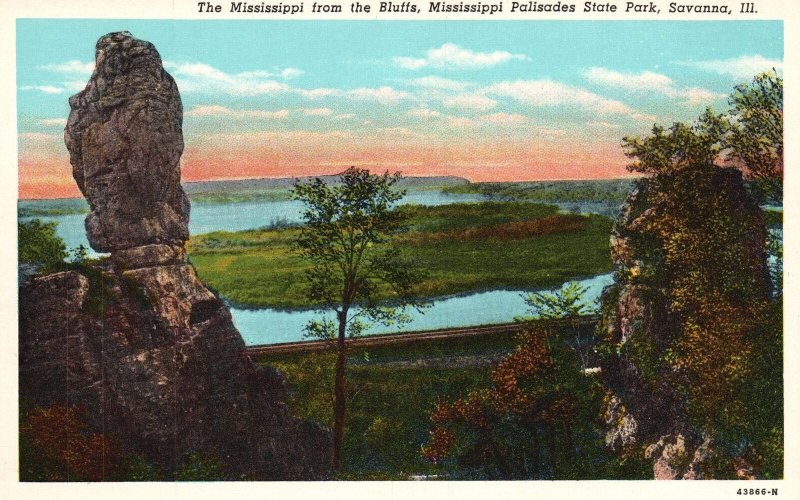 Vintage Postcard Mississippi From Bluffs Palisades State Park Savannah Illinois