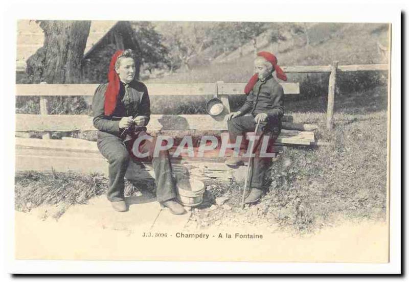 Old Postcard A Champery At the fountain (costume headdress)
