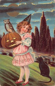 J87/ Halloween Postcard Holiday c1910 Witch Cat Owl Jack-O-Lantern 50