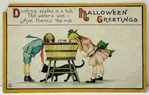 Halloween Greetings Ducking For Apples in a tub Girl Boy Black Cat Postcard F3