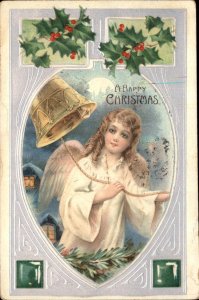 Christmas Angel Rings Bell Gilt Embossed c1900-20s Vintage Postcard