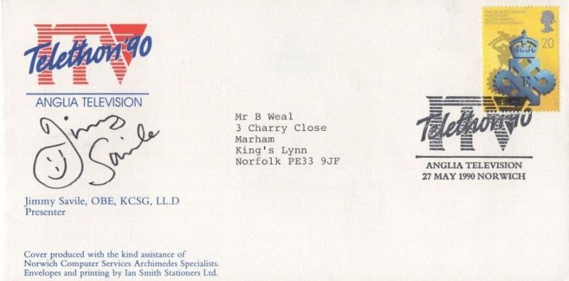 Jimmy Saville Telethon 90 Anglia TV Official Hand Signed FDC