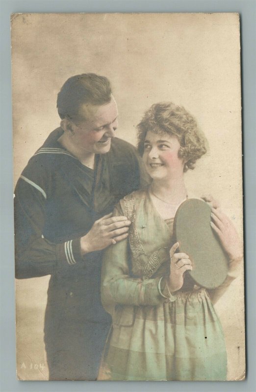 US NAVY SAILOR w/ FIANCEE ANTIQUE HAND COLORED REAL PHOTO POSTCARD RPPC