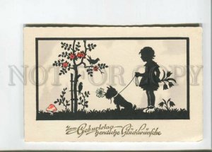 471994 BIRTHDAY Roses SILHOUETTE Girl SCOTTISH TERRIER Mushroom Vintage postcard