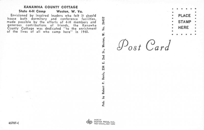 Weston West Virginia 1960s Postcard Knanwha County Cottage State 4-H Camp