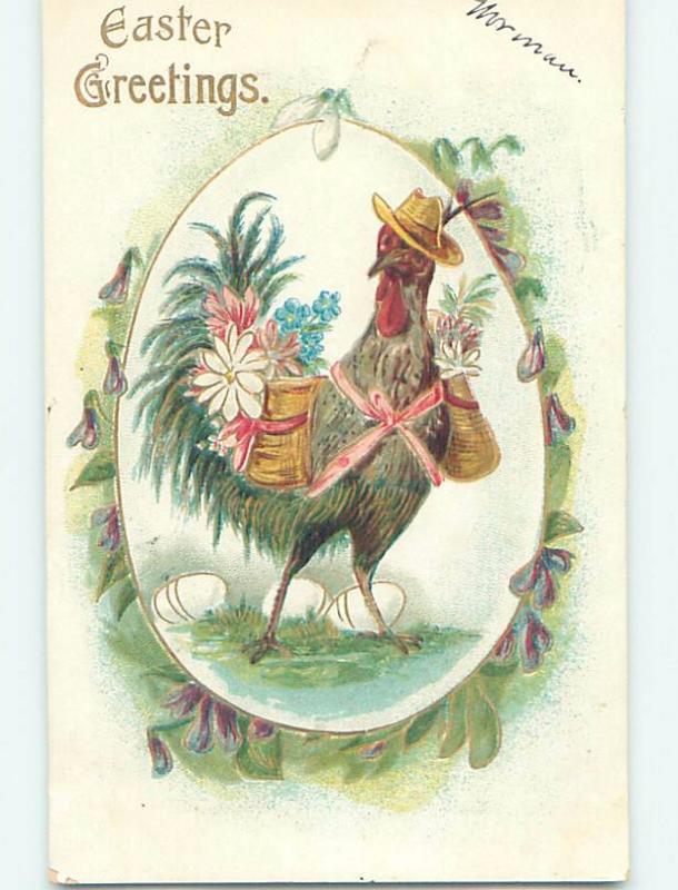 Pre-Linen easter HUMANIZED ROOSTER WEARS HAT AND CARRYING FLOWER BASKETS HL1024