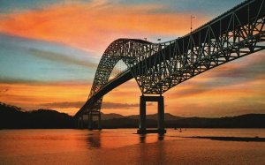 Vintage Postcard Beautiful Sunset Behind Thatcher Ferry Bridge Panama Canal Pan.