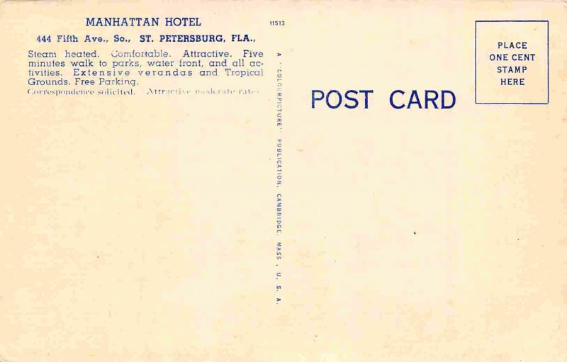 Manhattan Hotel St Petersburg Florida 1940s linen postcard
