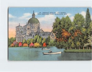 Postcard St. Josephat Basilica And School From Kosciusko Park Milwaukee WI USA