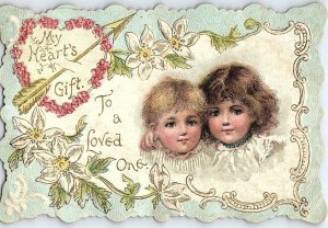 1880's Die-Cut Embossed Lovely Kids Arrow Heart Victorian Trade Card P120