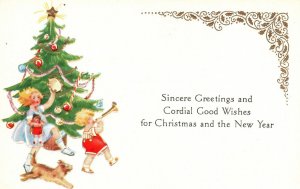 Vintage Postcard Sincere Greetings & Cordial Good Wishes Christmas Tree Children