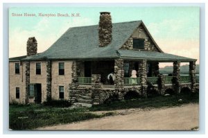 c. 1910 Hampton Beach NH Stone House People Sitting Porch Hand Colored Blue Sky