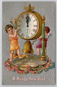 New Year Greeting Cherubs Ring Bell On Clock Postcard C31