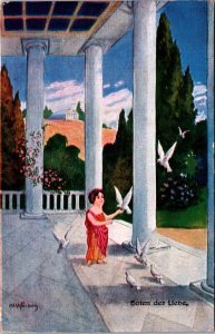 Girl With Pigeons Boten der Liebe Vintage Postcard C024