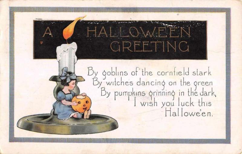 Halloween Greeting Tiny Girl Candle Jack O Lantern Whitney Postcard K100245