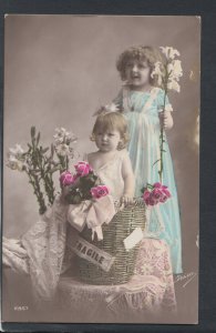 Children Postcard - Flowers - Girl Stood in a Wicker Basket  T10202