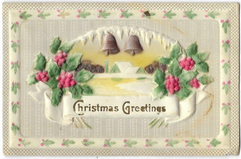 Christmas Greetings Embossed Puffy Printed in Germany  Winter Scene