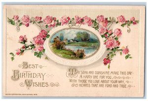 John Winsch Signed Postcard Birthday Wishes Roses Flowers River Scene c1910's