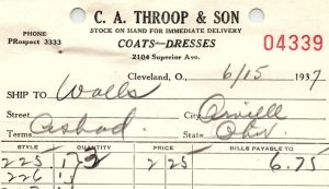 1937 C.A. THROOP & SON COATS-DRESSES CLEVELAND OHIO BILLHEAD STATEMENT Z1352