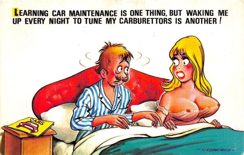 D62/ Nude Comic Bamforth Risque Postcard c1940s Boobs Woman Mechanic Bed 8