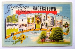 Greetings From Hagerstown Maryland Large Big Letter Postcard Linen Tichnor 1952
