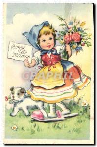 Old Postcard Bonne Fete Maman Child Dog