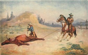 Postcard C-190 Davenport Cowboy cattle roping artist 23-12506