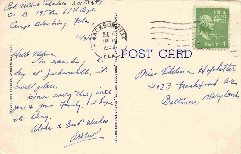 Greetings From Jacksonville Florida Large Letter 1944 linen postcard