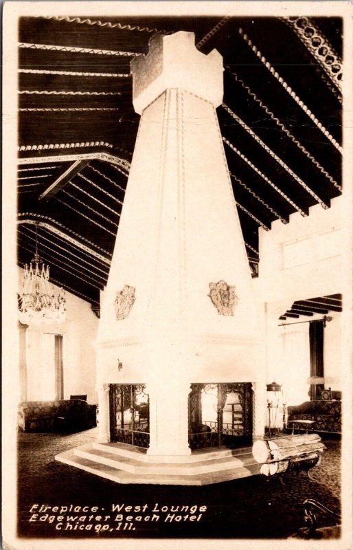 Real Photo Postcard Fireplace West Lounge Edgewater Beach Hotel in Chicago, IL