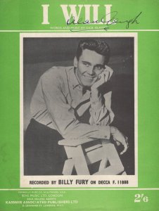 Billy Fury I Will Rare UK 1st Edn Sheet Music