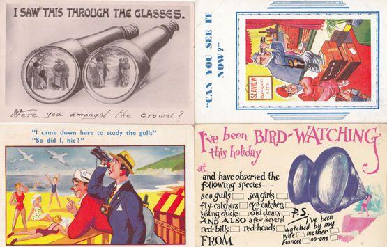 Bird Watching Peeping Tom With Binoculars 4x Antique & 1950s Comic Postcard s