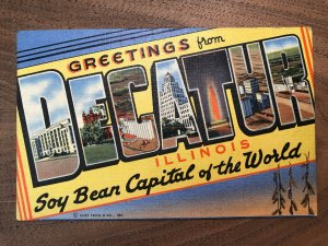 Vintage 50s GREETINGS from Decatur ILLINOIS Soybean Large Letters Postcard