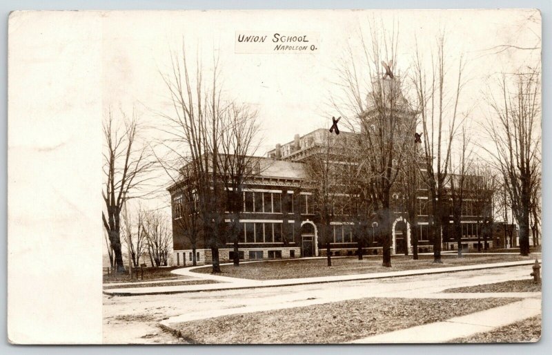 Napoleon Ohio~Union School~Nearly Destroyed by Fire~Marked Ruins X~1908 RPPC 