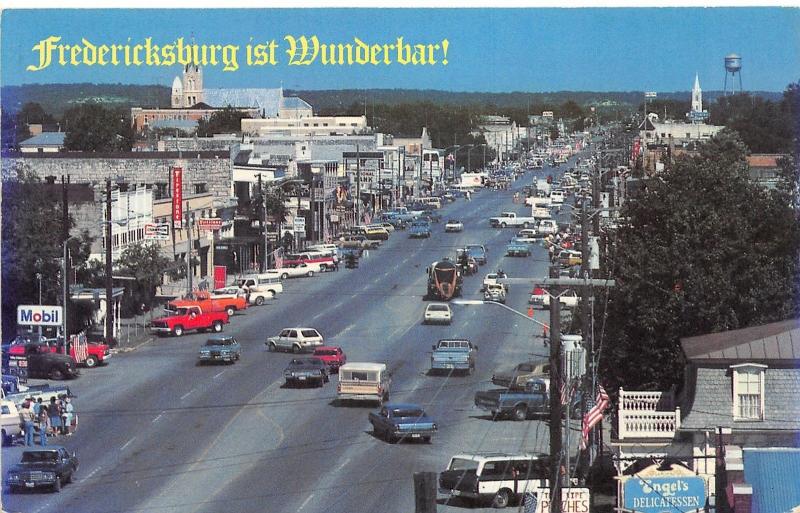 Fredericksburg Texas~Street Scene~Mobil Gas~Firestone~Engel's~Bank~80s Trucks