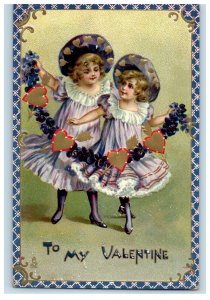 c1910's Valentine Two Girls Holding Flowers And Hearts Embossed Tuck's Postcard
