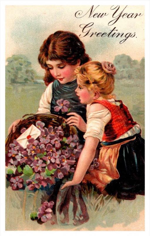 20259  New Year  peasant girls, basket of flowers