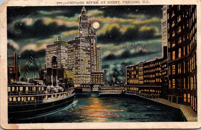 Illinois Chicago The Chicago River At Night 1926