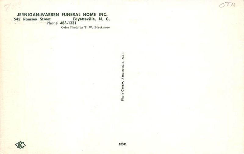 Funeral Home Post Card Jernigan-Warren Funeral Home Fayetteville, NC USA Unused